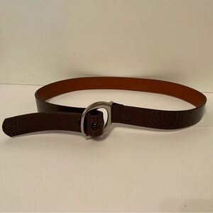ELIZA B. BELT BROWN CROCO LOOK LEATHER SILVER TONE BUCKLE HANDMADE USA SIZE L